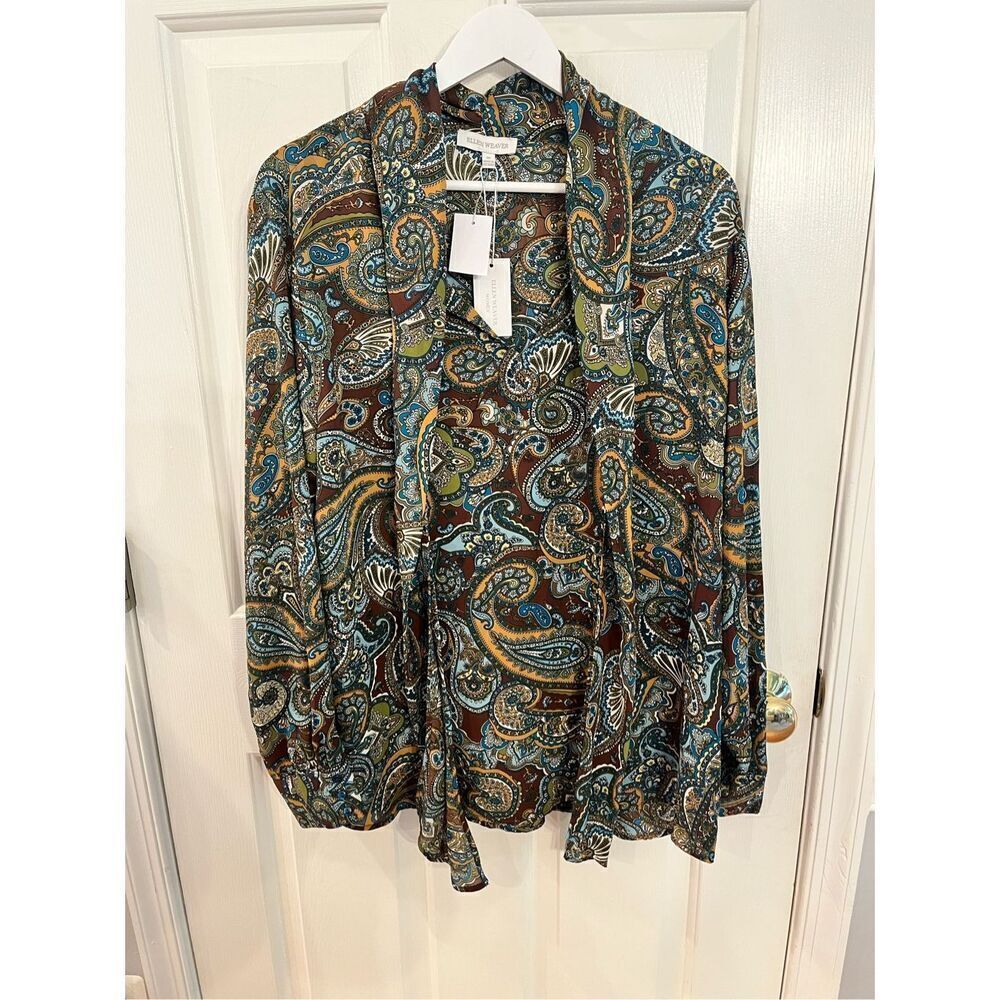 Ellen Weaver Brown & Green Paisley Secretary Bow Button Down Blouse sz 1X NWT